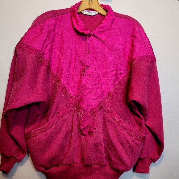 Vintage Fuchsia Pink Pullover Sweatshirt Collared Pockets Quarter Button Adult L - Picture 1 of 9